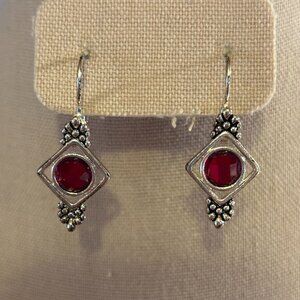 Silver Tone Drop Earring on wire with Red Tone Colored Stone